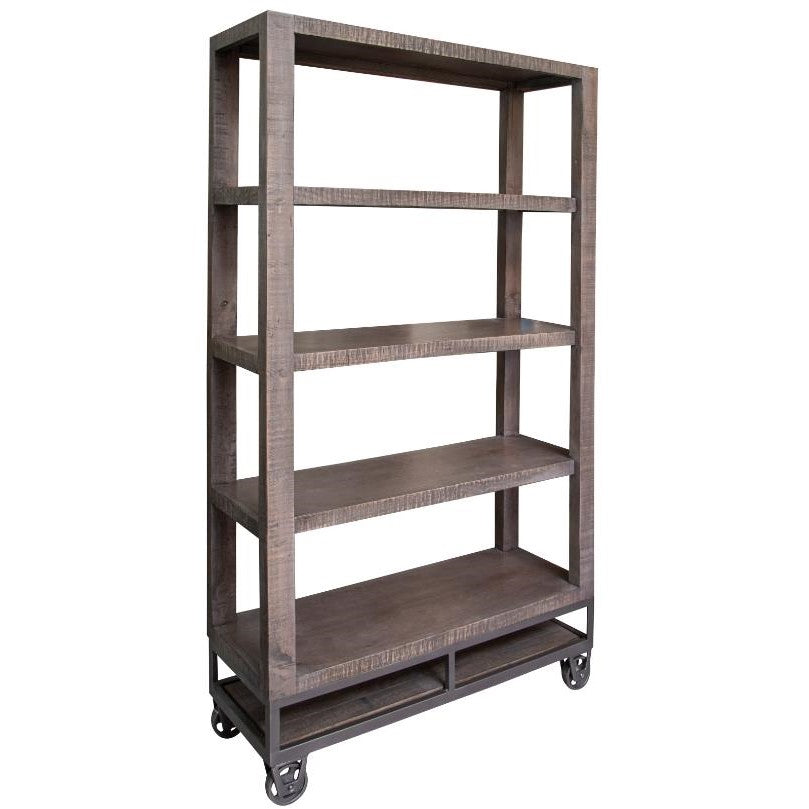 Wooden bookshelf with four shelves and wheels.