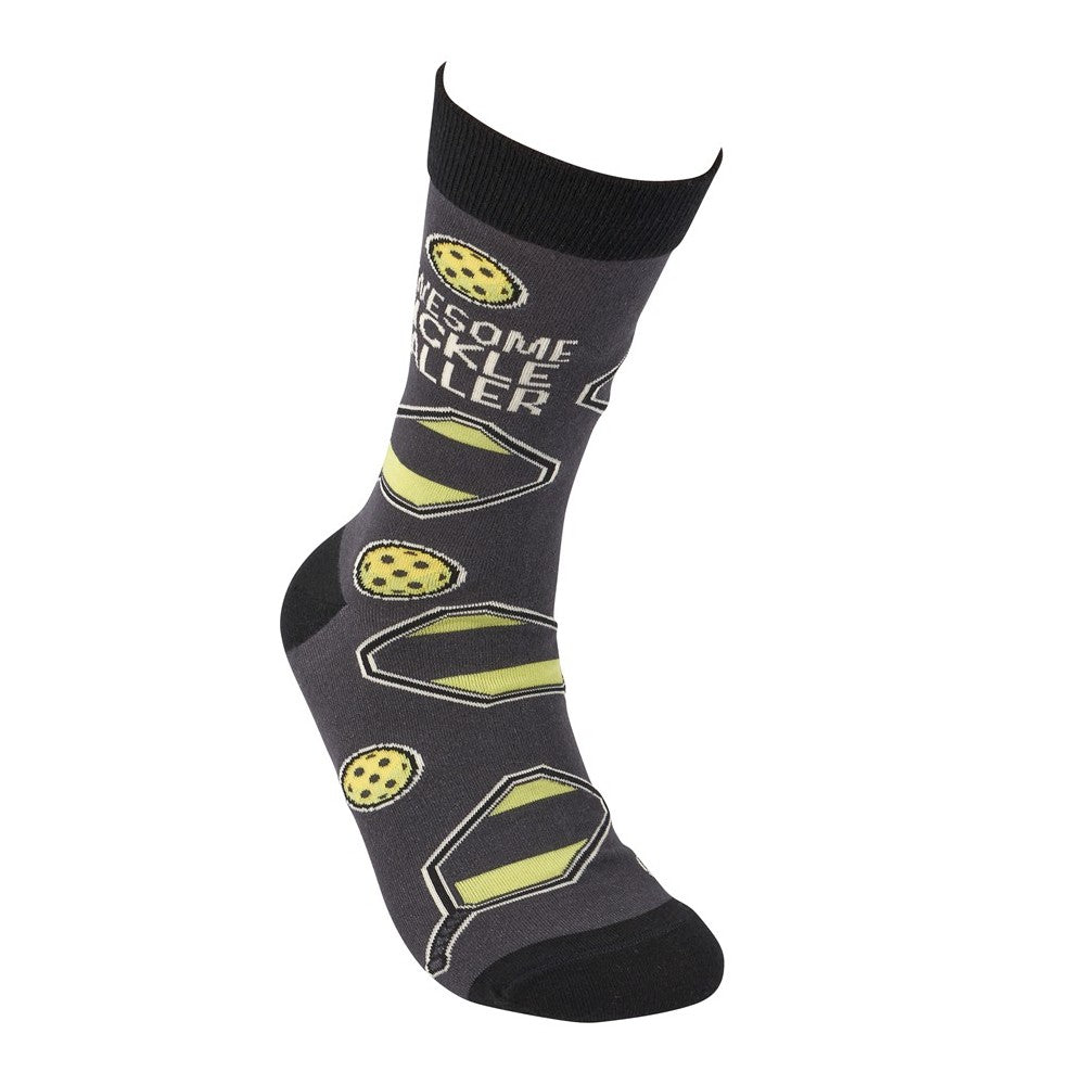Gray sock with yellow pickle graphics and text design.