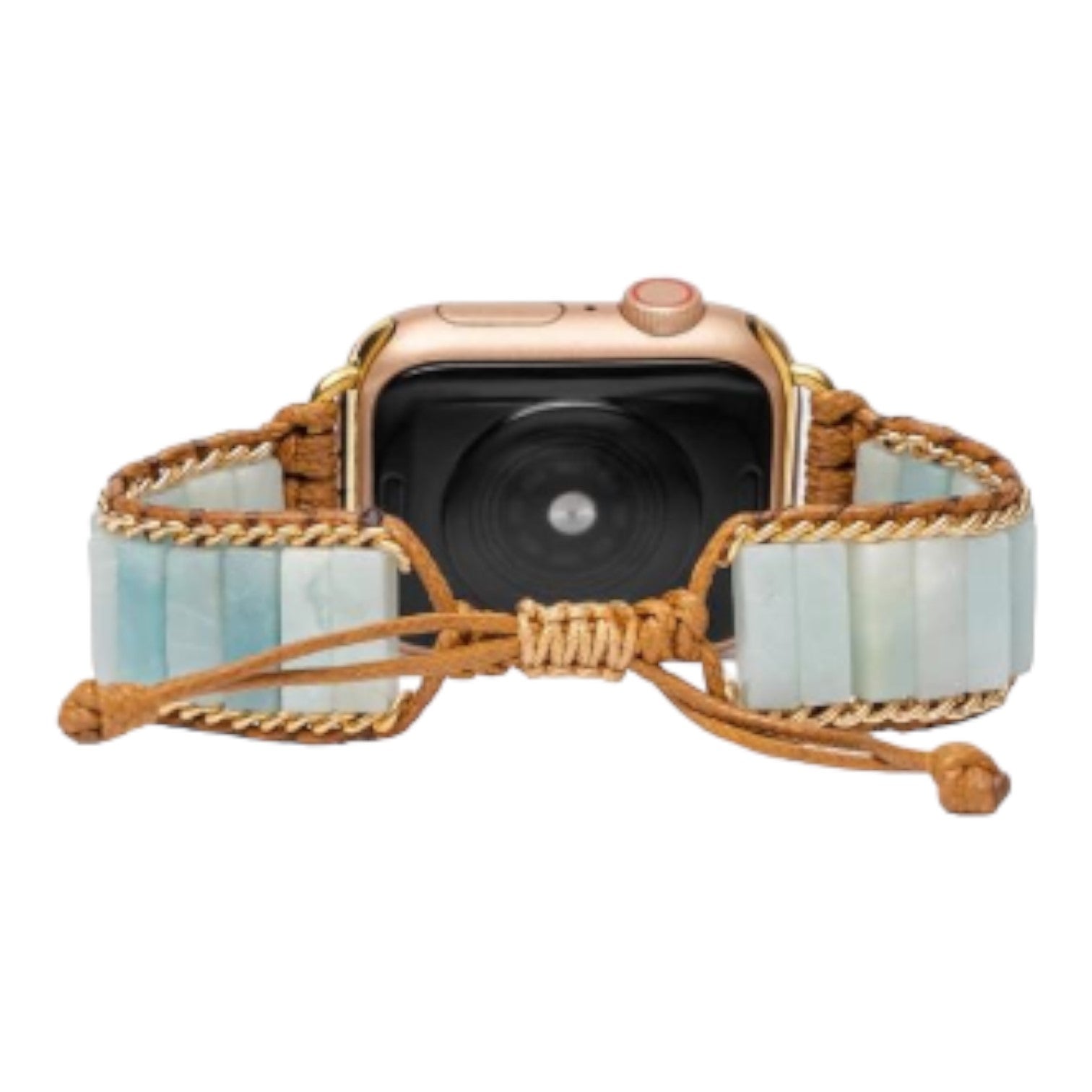 Smartwatch with a beaded, rope-style band in earthy tones.