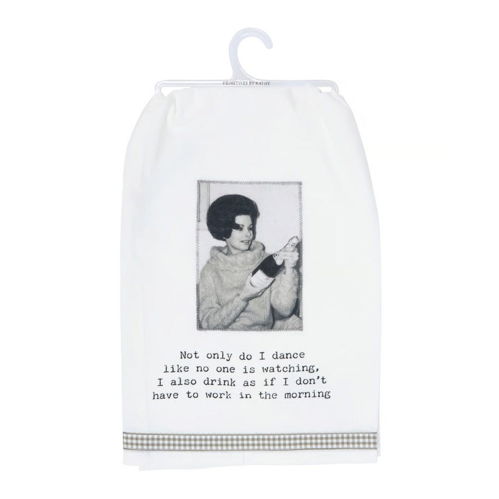 Person in sweater holding bottle, humorous text about dancing and drinking is printed below.