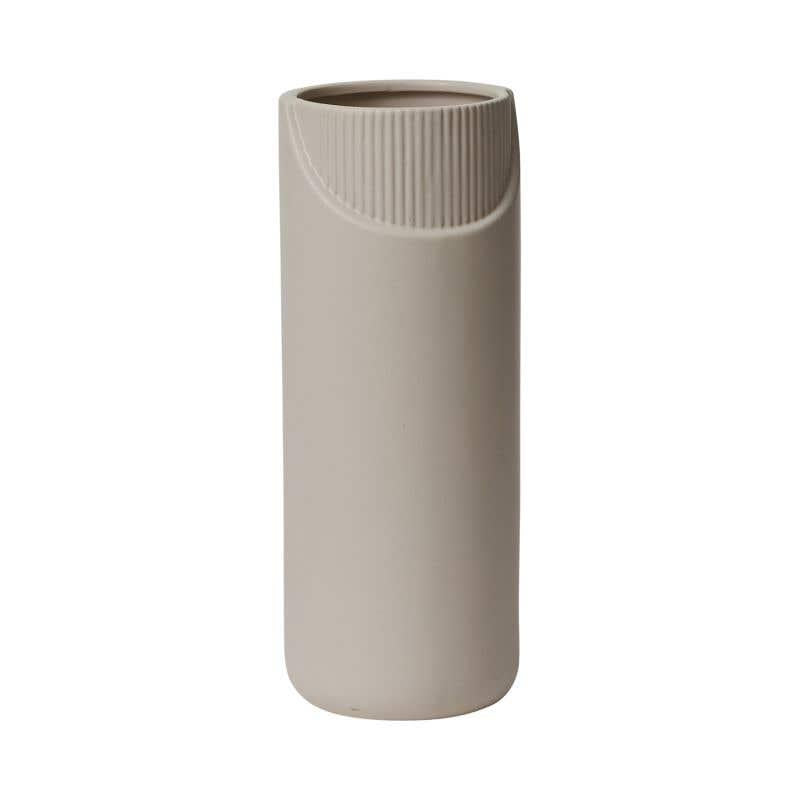 Minimalist beige ceramic vase with ribbed design at the top.