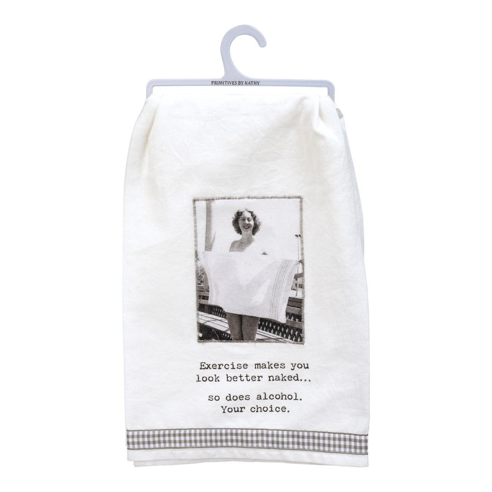 Towel with a humorous quote about exercise and alcohol choices, featuring a vintage photo.