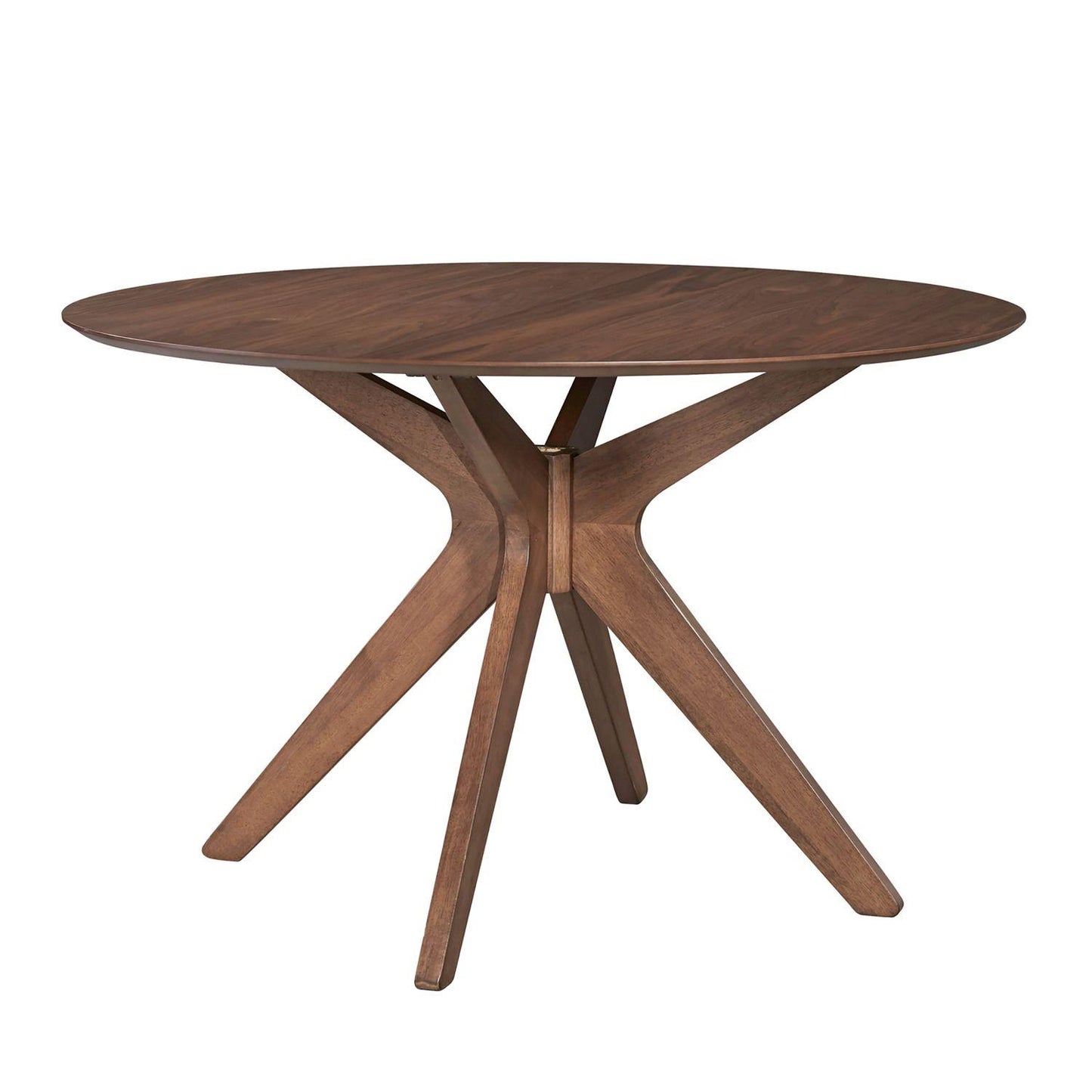 Round wooden table with geometric leg design.