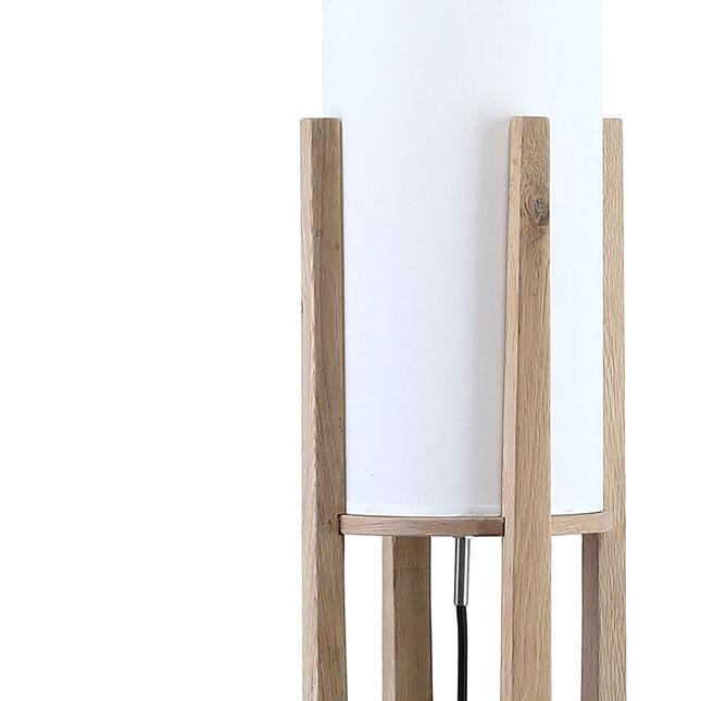 Modern wooden floor lamp with a white cylindrical shade.