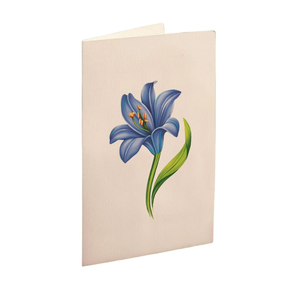 Card with a blue flower illustration.