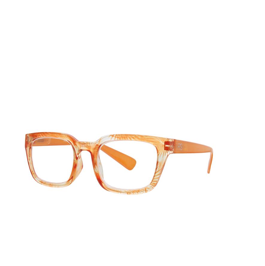 Orange and clear square-framed eyeglasses, stylish design.