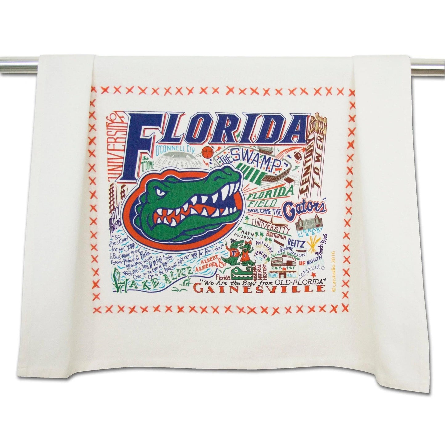 Colorful Florida Gators tea towel with alligator emblem and Gainesville landmarks.