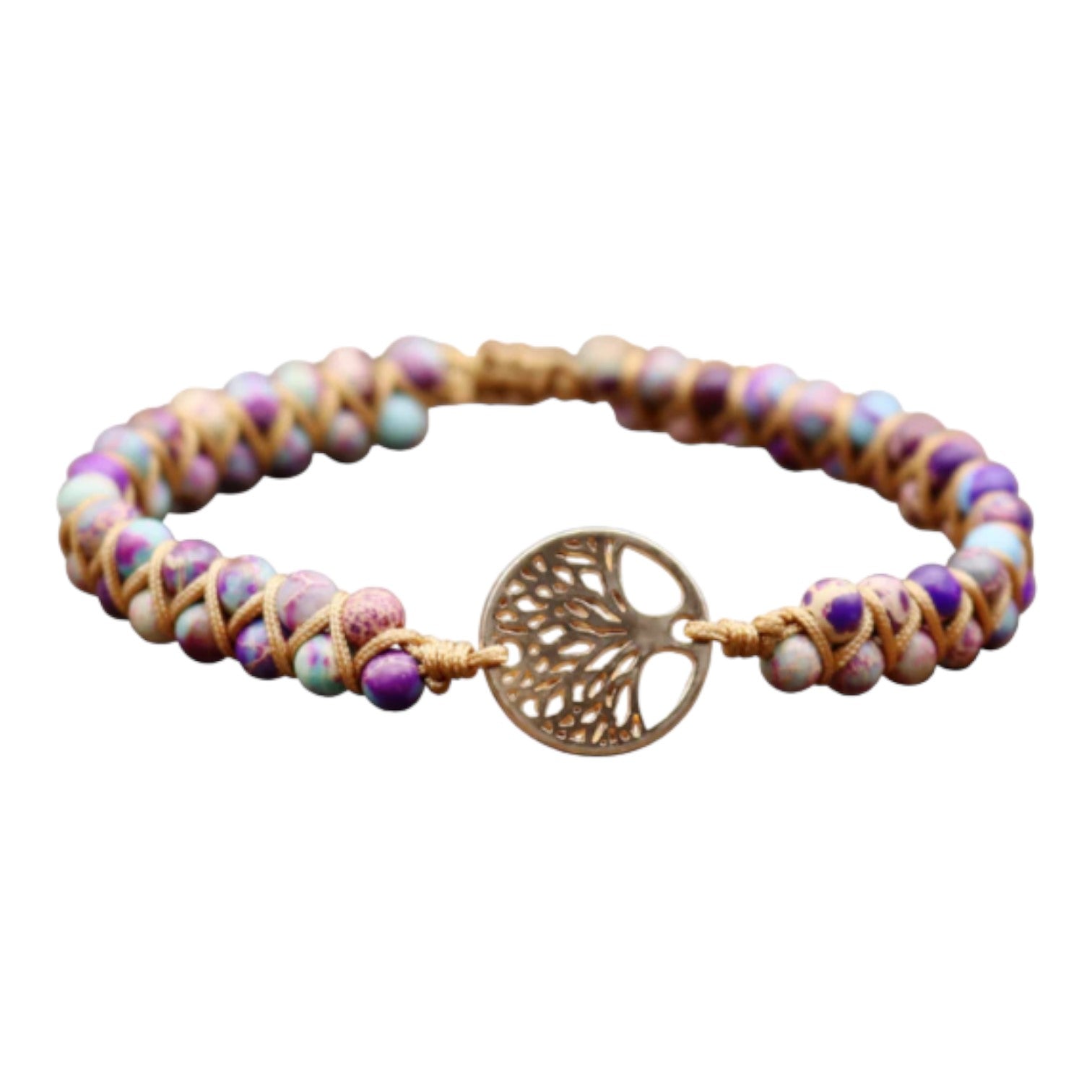 Colorful bead bracelet with tree of life charm.