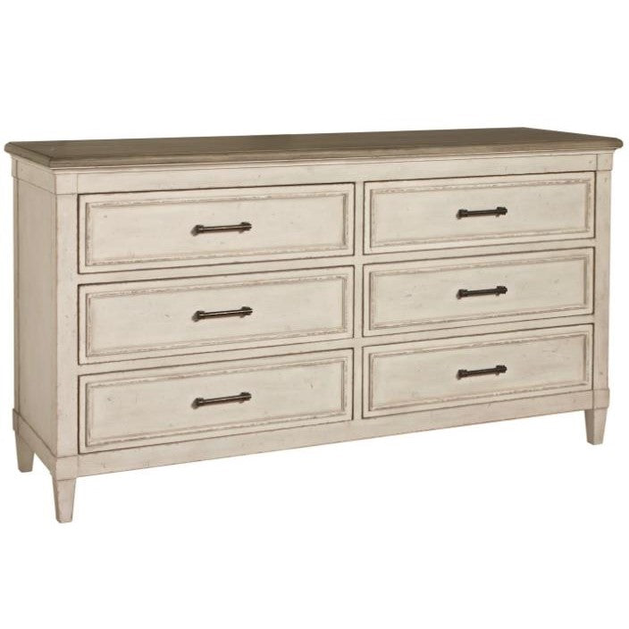 Antique white dresser with six drawers and dark handles.