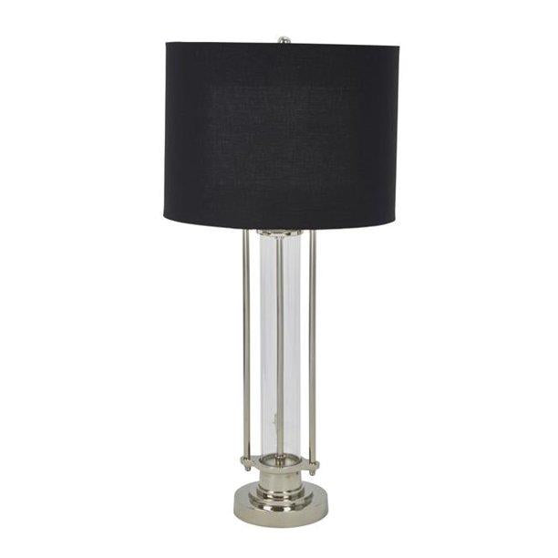 Modern lamp with black shade and silver base.