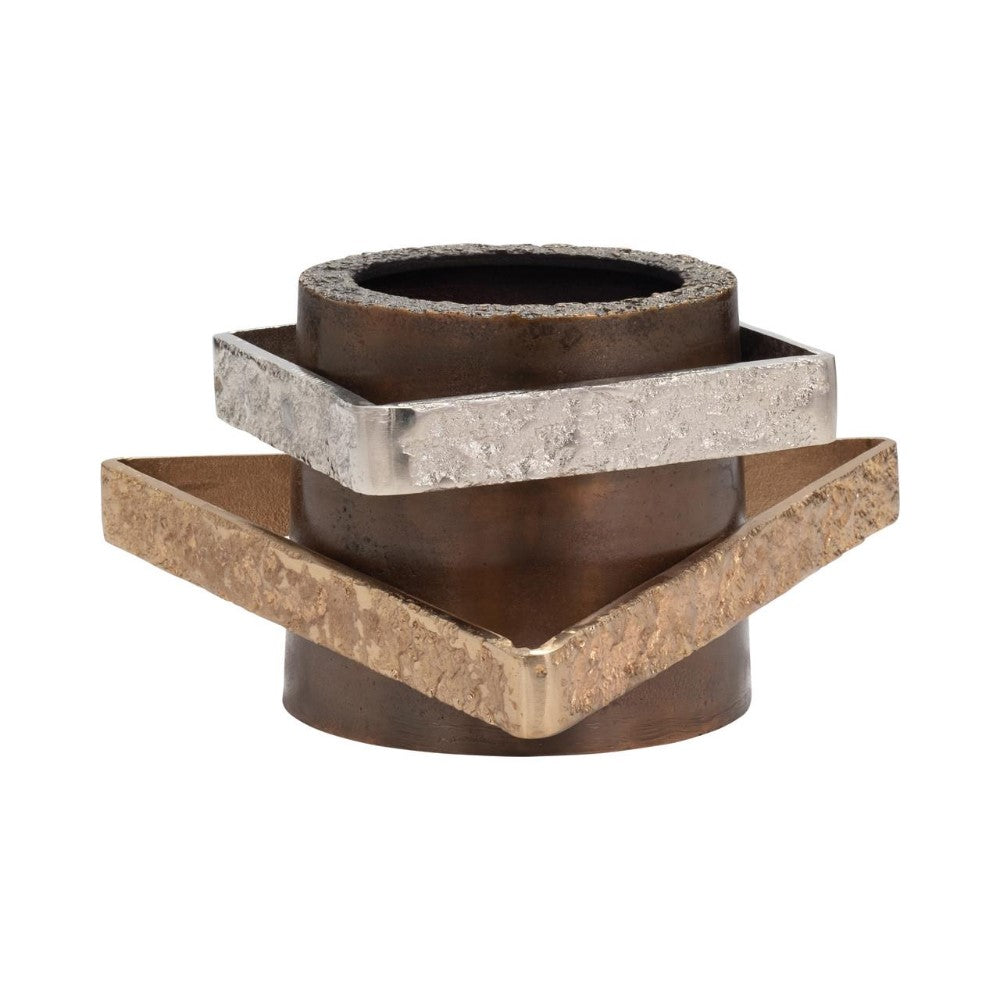 Abstract sculpture with geometric metal shapes.