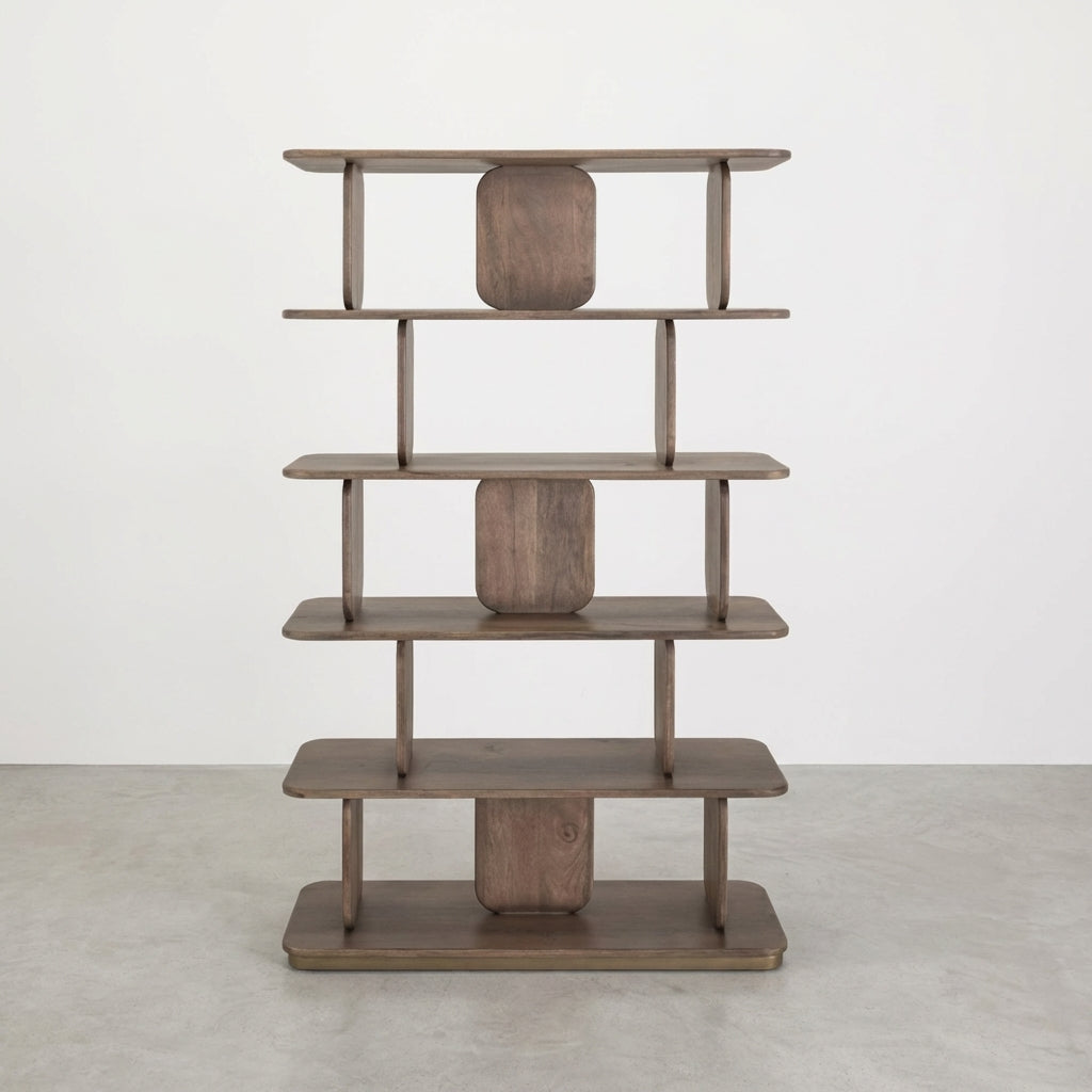 Modern wooden bookshelf with five staggered shelves.