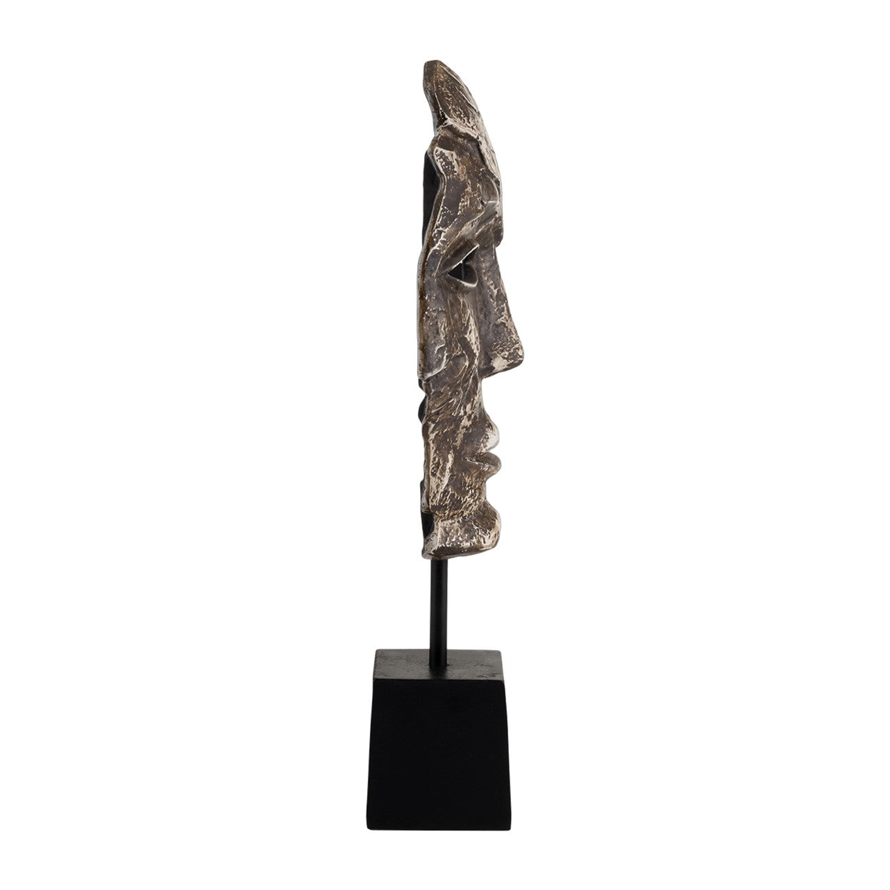 Abstract metal sculpture on black pedestal, side view.