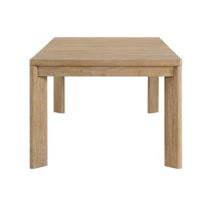 Simple wooden table with four legs, viewed directly from the side.