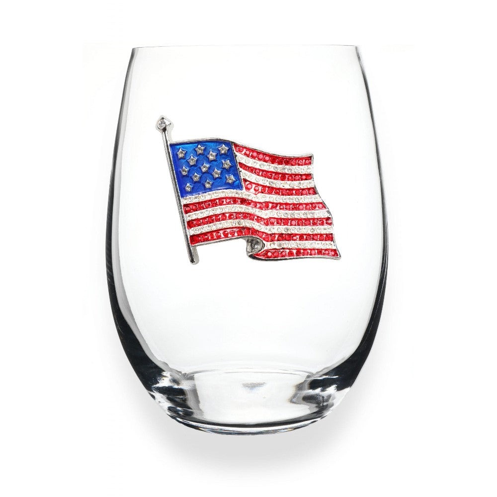 Clear glass with a rhinestone American flag design.