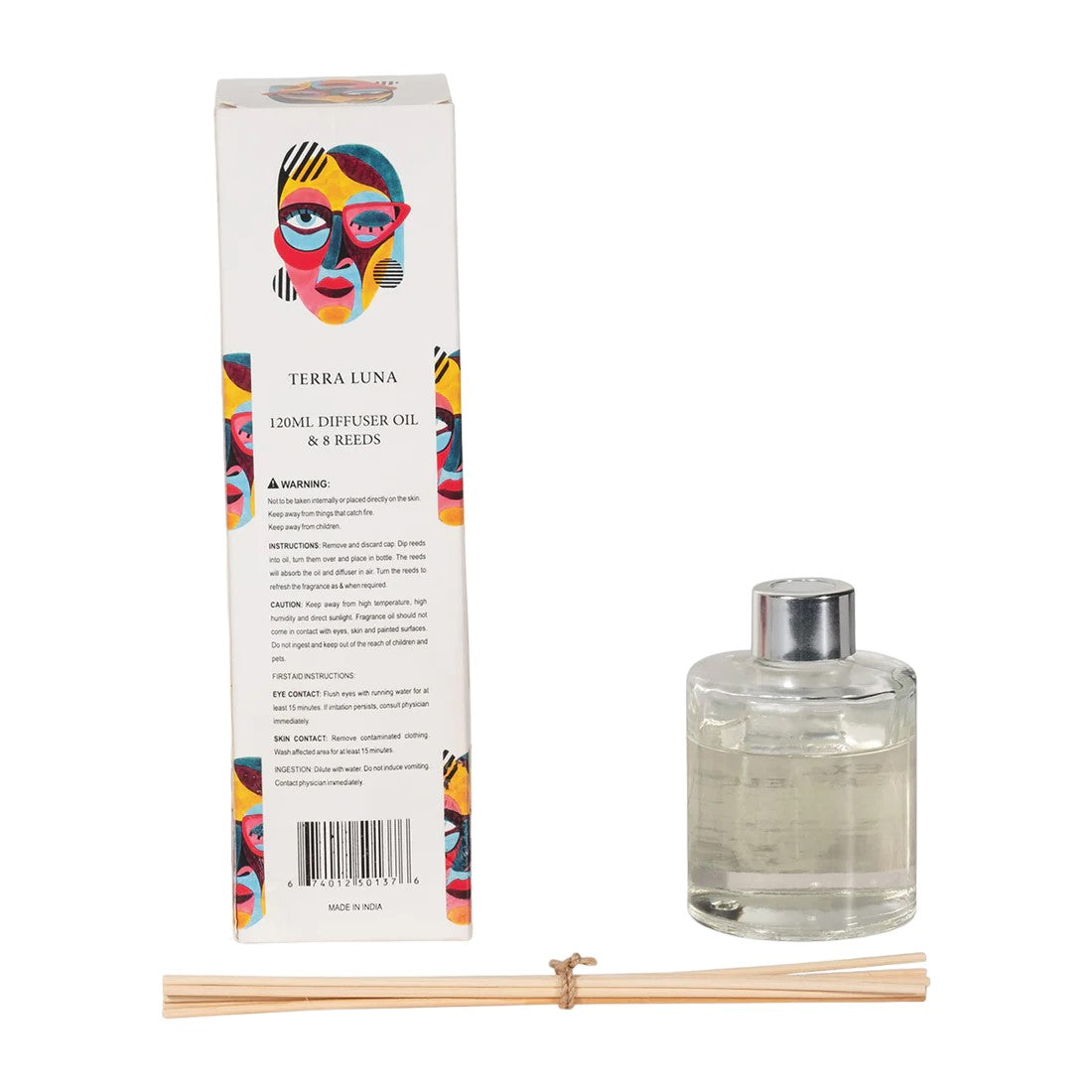 Diffuser set with colorful packaging, bottle, and reeds.