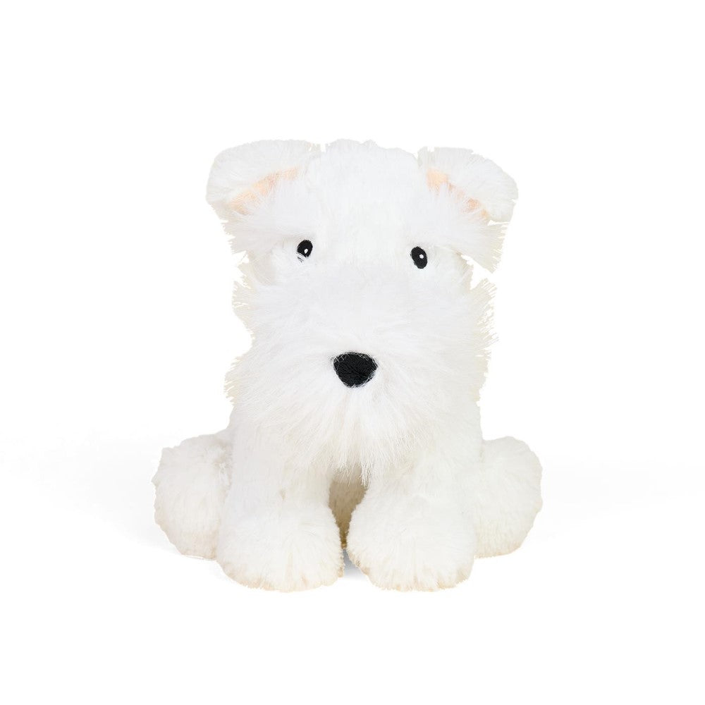 Plush white dog toy with fluffy fur and black nose.