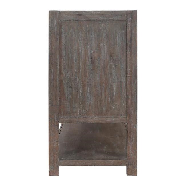Wooden side view of a rustic brown cabinet or furniture.