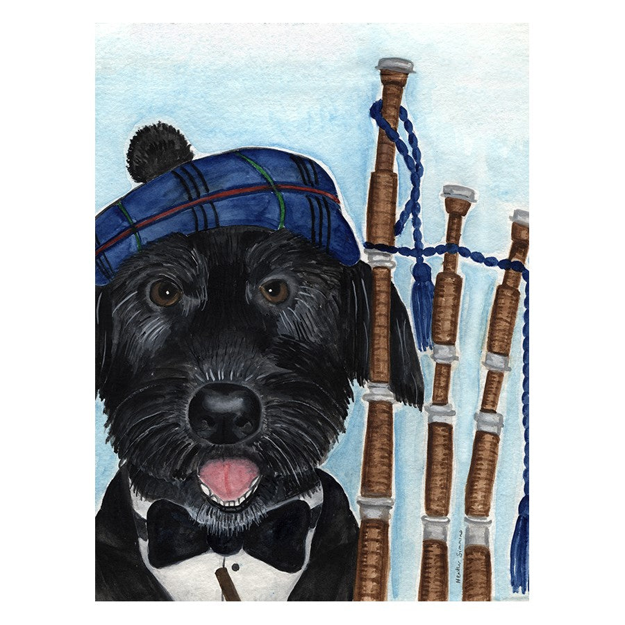 Dog in tartan hat and bow tie with bagpipes.
