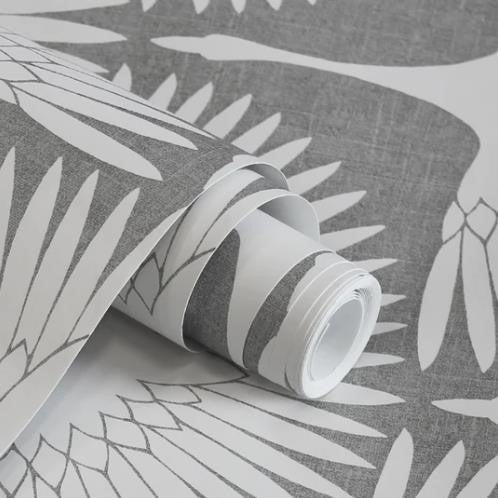 Gray and white patterned wallpaper rolls with a botanical design.