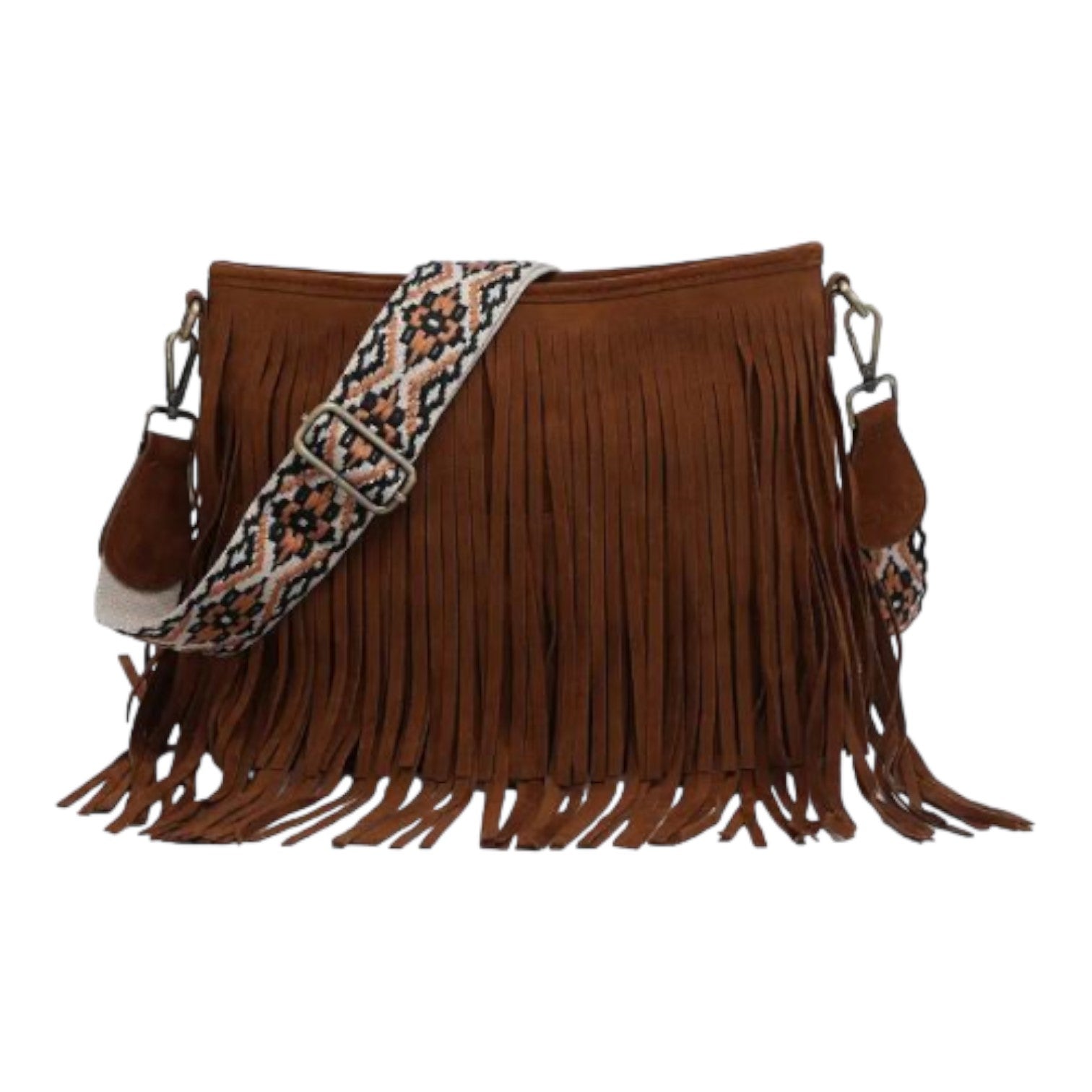 Brown fringed bag with patterned adjustable strap.