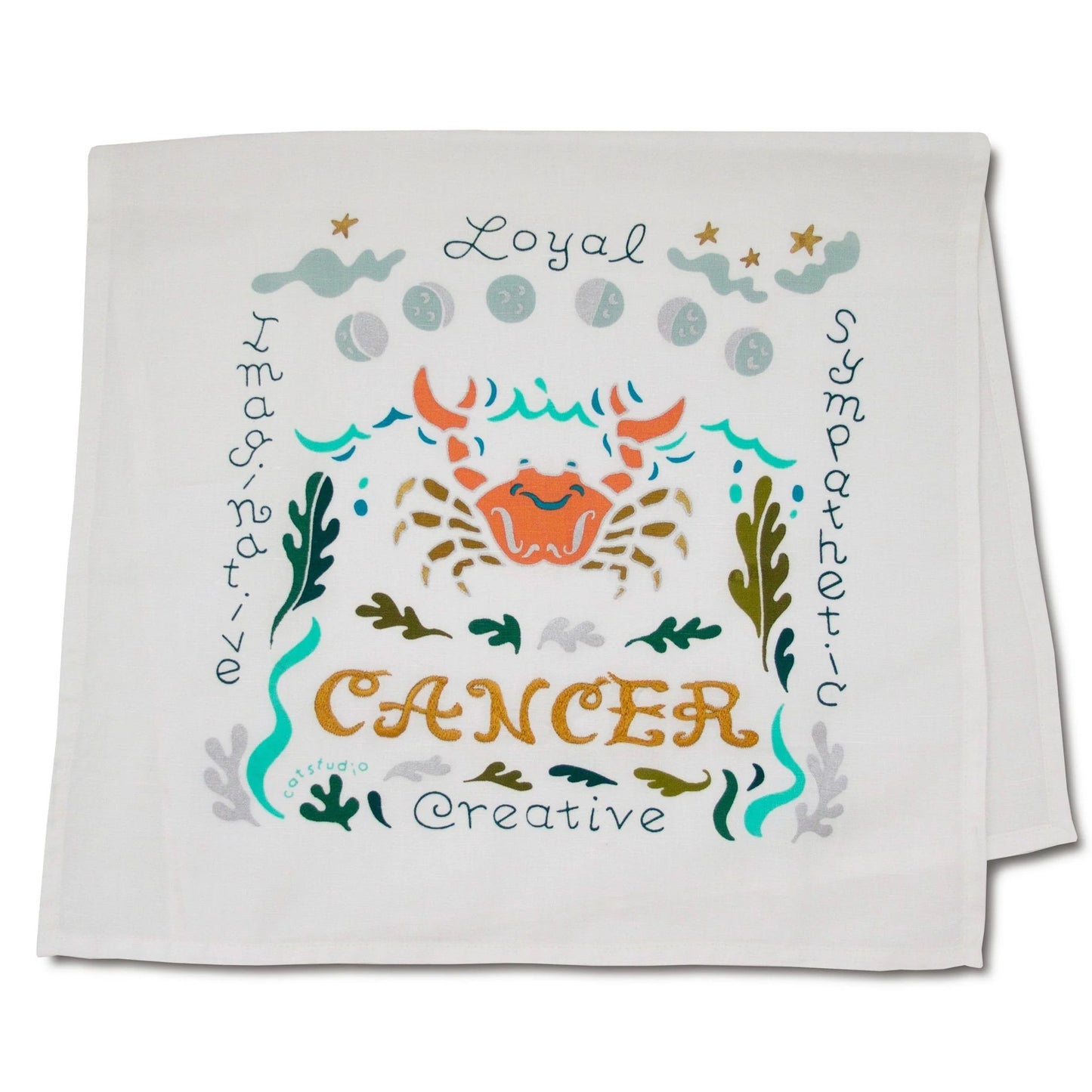 Zodiac-themed cloth with a Cancer symbol and traits like loyal and imaginative.