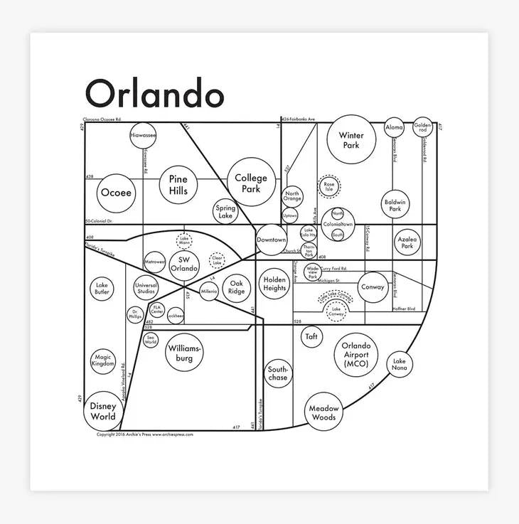 Orlando neighborhood map with labeled circular areas.