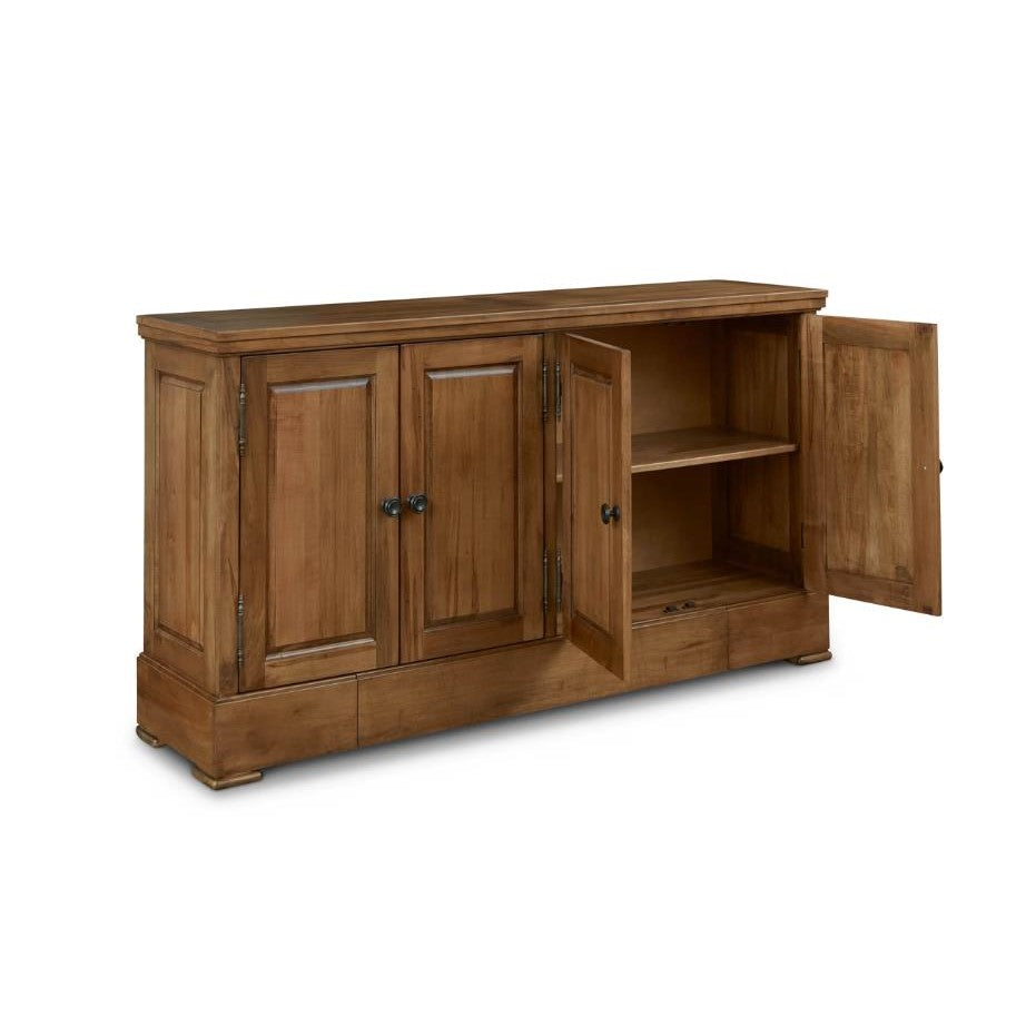 Wooden sideboard with open and closed doors, featuring shelves.