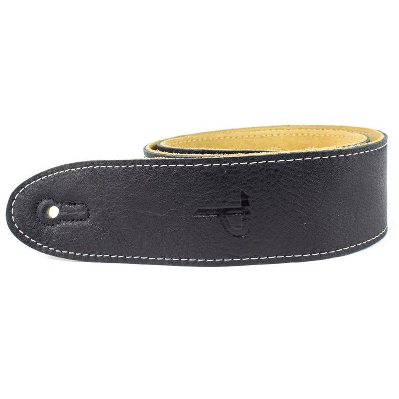 Black leather guitar strap with white stitching.