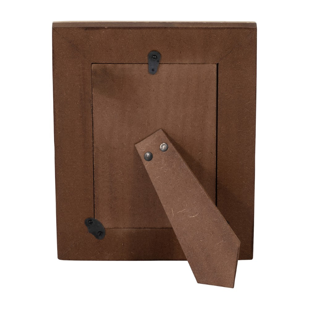 Back view of a standing wooden photo frame.