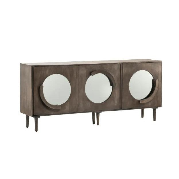 Brown sideboard with circular mirror accents on doors.