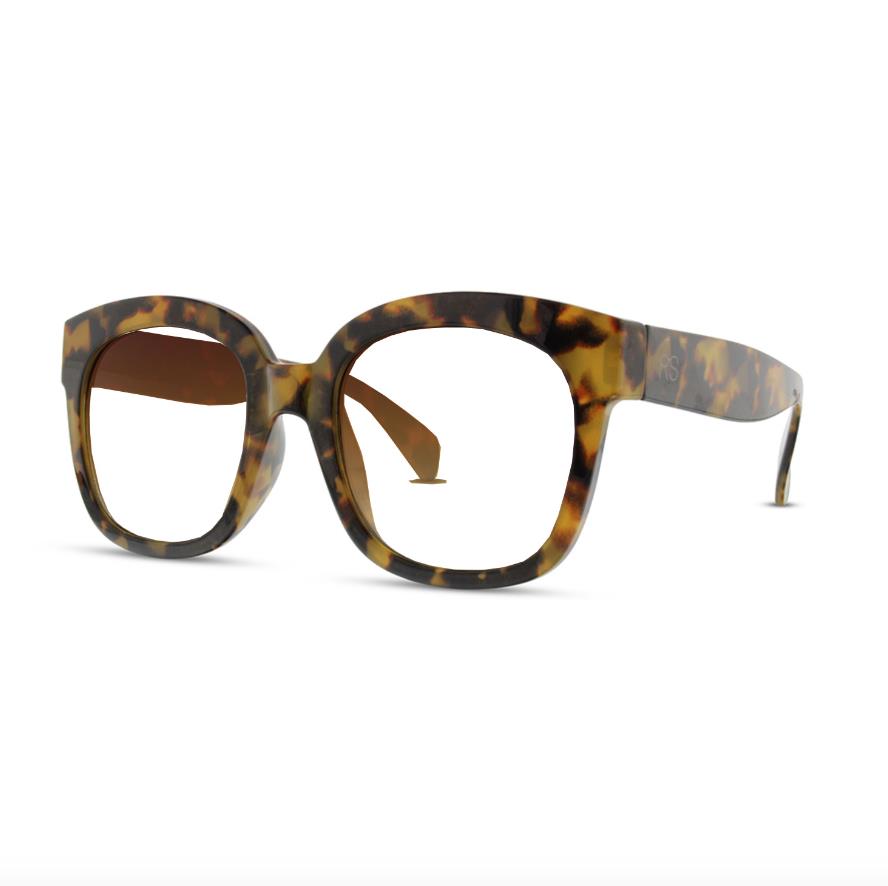 Tortoiseshell square glasses with thick frames.