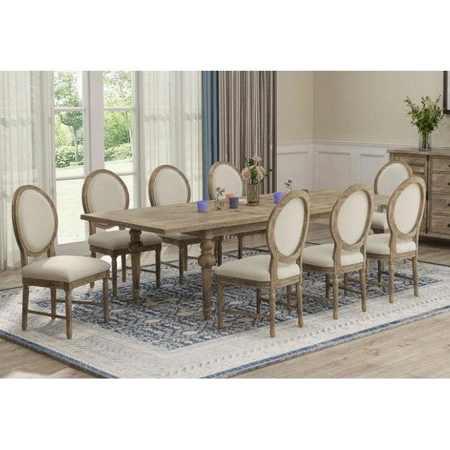 Elegant dining room with wood table, eight chairs, and a patterned rug.