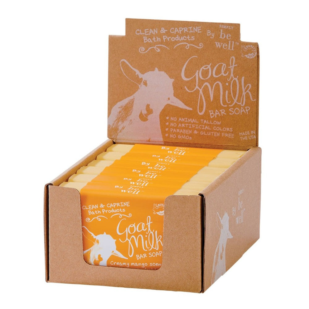 Display of goat milk bar soaps in creamy mango scent.