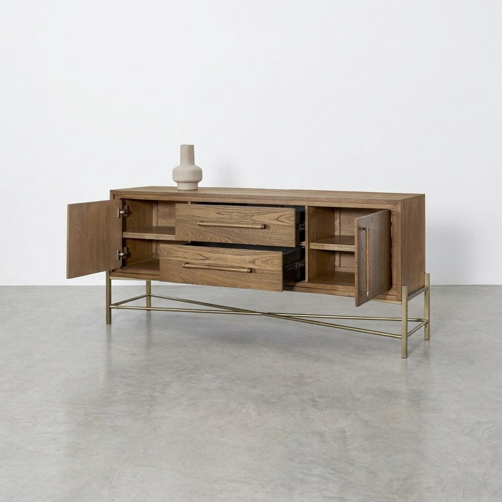 Wooden sideboard with open drawers and doors, on metal legs, with a vase on top.
