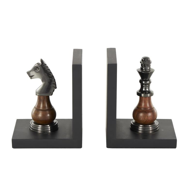 Chess piece bookends: knight and king, black and wood.