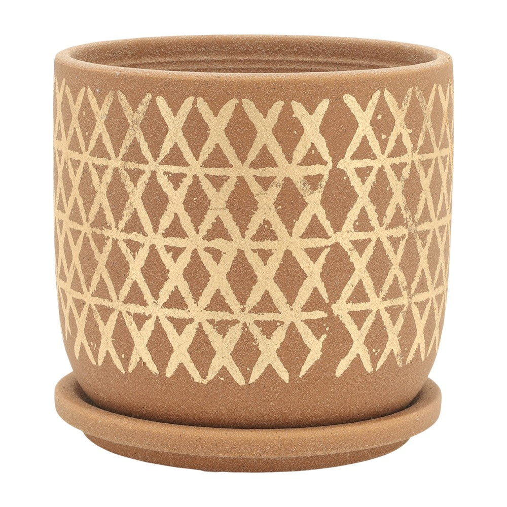 Brown pot with a geometric pattern and matching saucer.