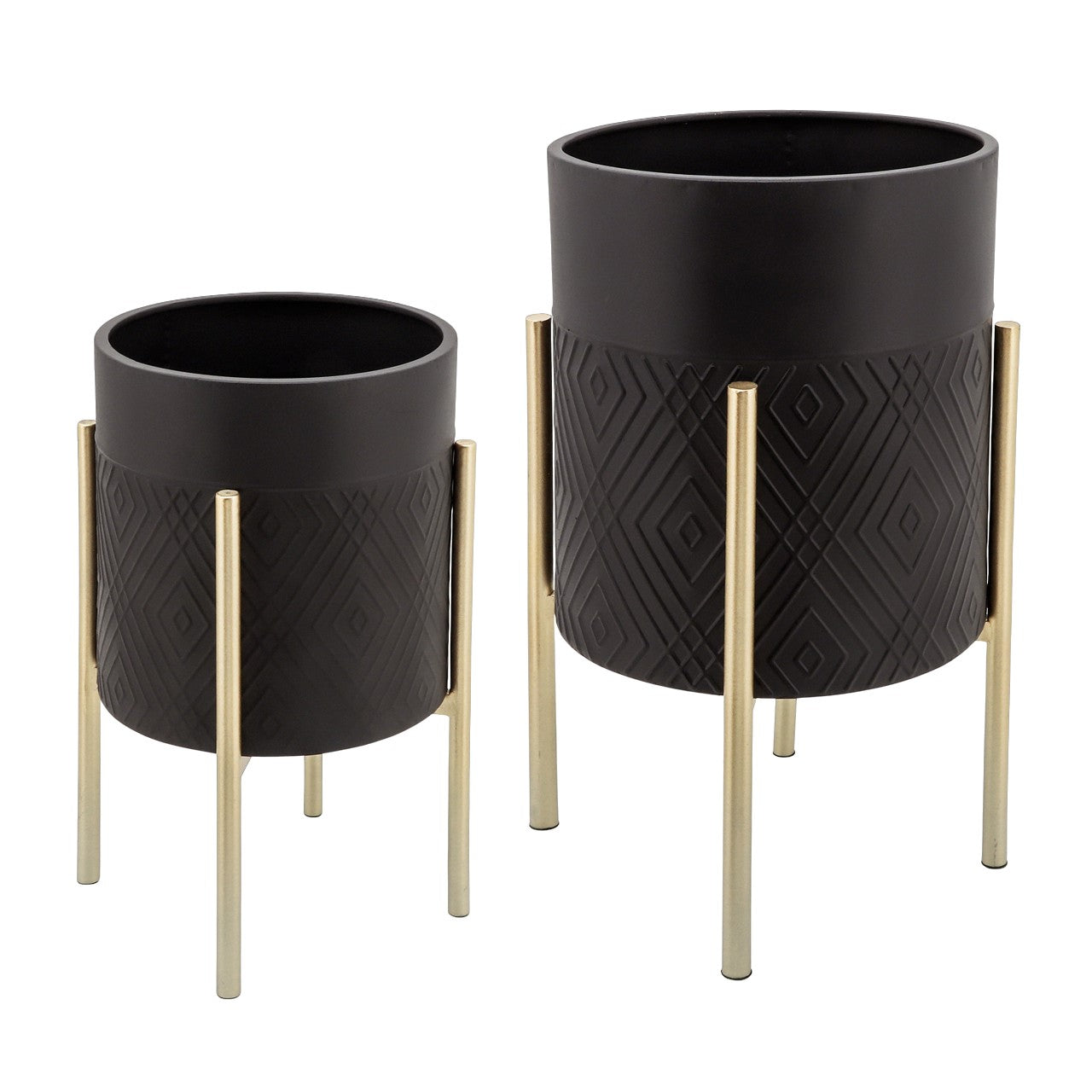 Two black planters with gold legs, geometric design.