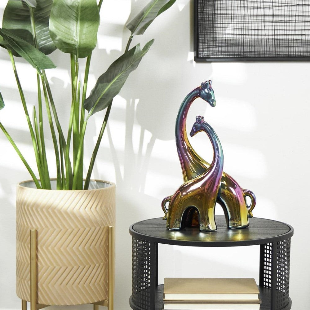 Colorful giraffe statue with potted plant in a stylish room.