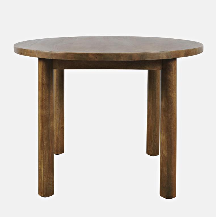 Round wooden table with four sturdy legs.