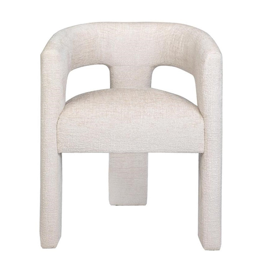 Modern white textured chair with a curved back and single central leg.