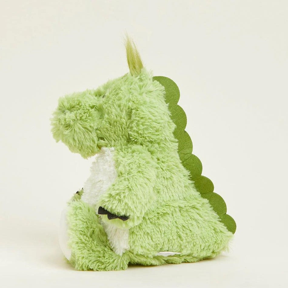 Green plush dinosaur toy in profile view.
