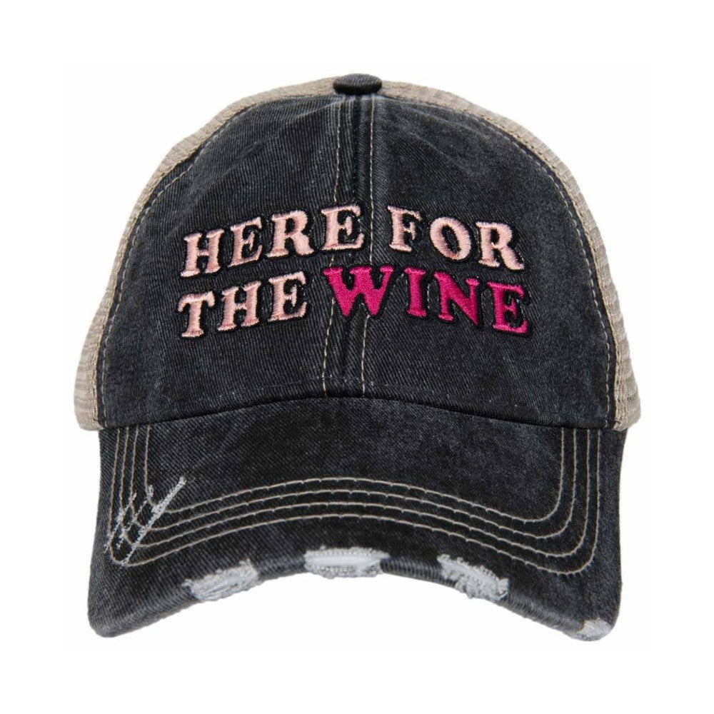 Black cap with "Here for the Wine" embroidered on front.