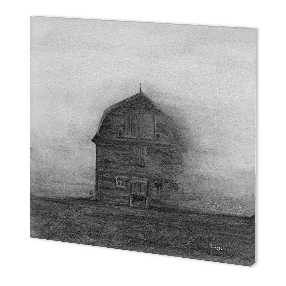 Foggy scene featuring an old, weathered barn.
