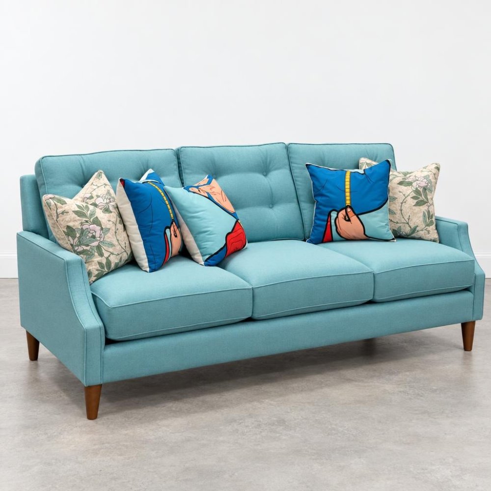 Aqua sofa with graphic and floral pillows.