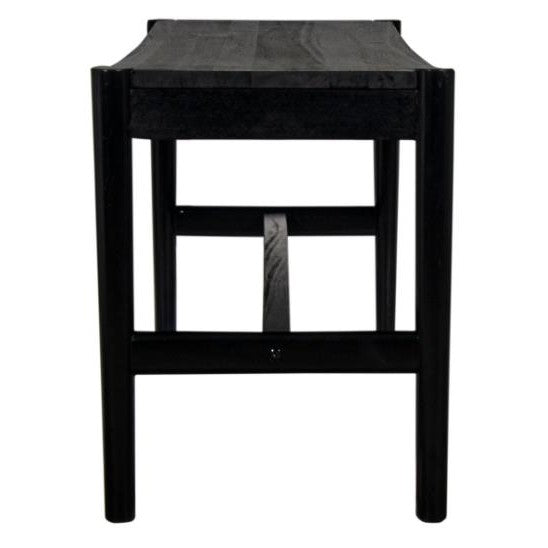 Black wooden stool viewed from the side.