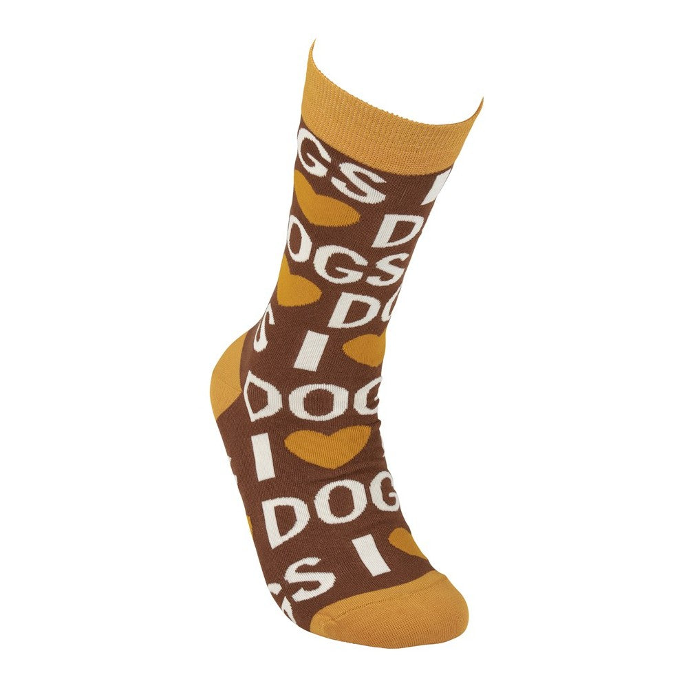 Brown sock with "I ?? DOGS" pattern in white and yellow.
