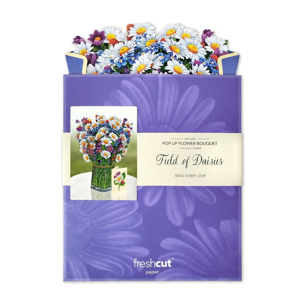 Pop-up daisy bouquet in a purple package.