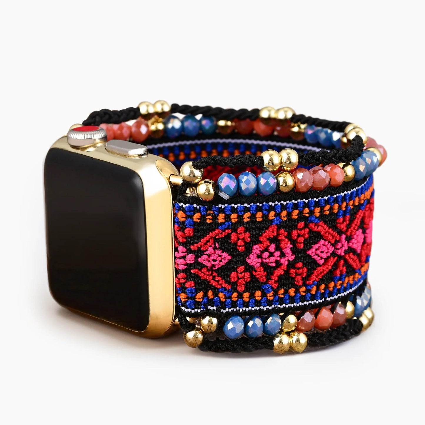 Smartwatch with colorful, beaded woven band featuring red, pink, and blue patterns.