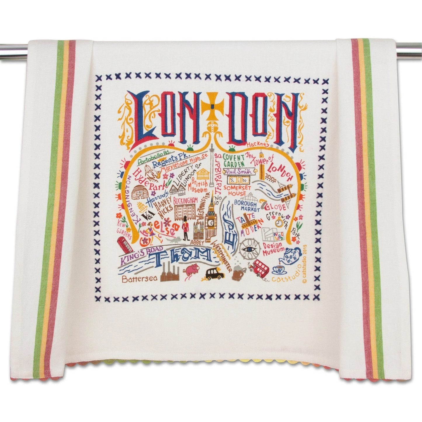Colorful London map tea towel with landmarks and stripes.